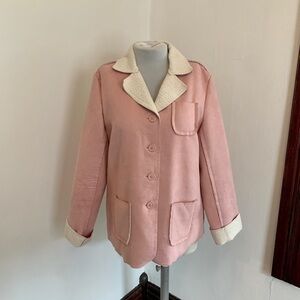 VTG Pink Teddy Shearling Jacket Coat Faux Fur Leather Suede Boho Western Soft L
